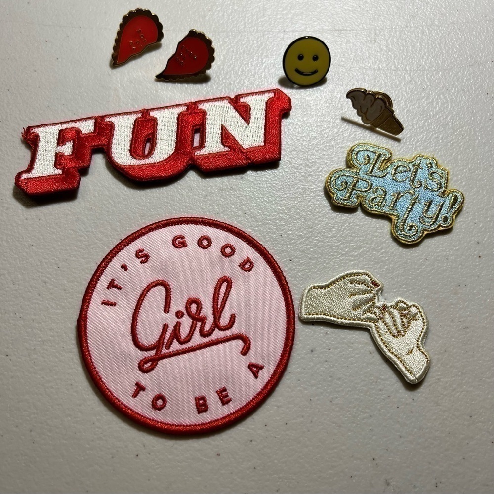 (Lot of 8) Enamel Pins and Patches (4 pins) (4 patches) Party Girl Heart Fun